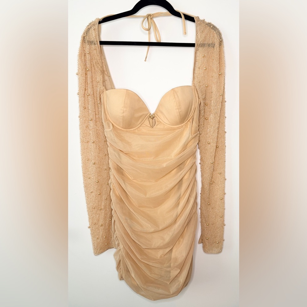 Oh Polly St. Germain Ruched
Embellished Beaded Long Sleeve Mini Dress Sz 8 Beige